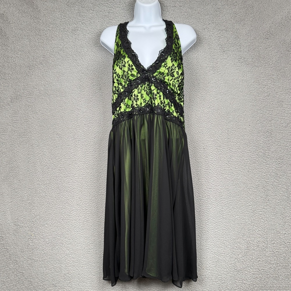 VTG Juliet Dress Womens 2XL Black‎ Green Halter Sheer Lace Babydoll Whimsogoth